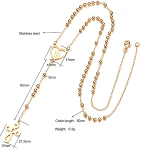 Collana lunga minimalista in acciaio inossidabile dorato con pendente a cuore e croce