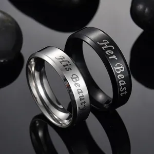 Matching couple rings set featuring His Beauty and Her Beast engraving in steel