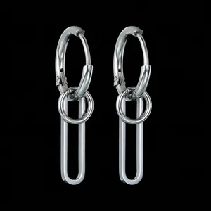 Minimalist silver geometric earrings with nested circles and U-shaped pendant for men