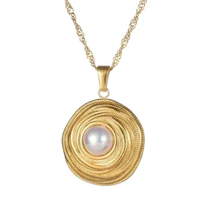 Vintage Edelstahl Runde Künstliche Perle Anhänger Halskette Für Damen Elegante Spirale Textur Goldkette Halsketten Täglicher Schmuck