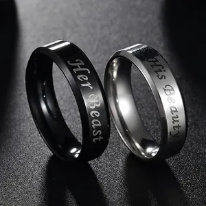 Beauty and the Beast stainless steel couple rings engraved with His Beauty and Her Beast
