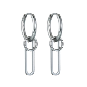 Minimalist stainless steel hoop earrings with paperclip pendant on a white background