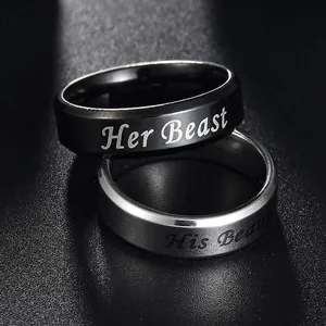 Matching couple rings set featuring His Beauty and Her Beast engraving in black and silver