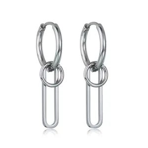 Stainless Steel Minimalist Hoop Earrings For Men Women Geometric Paperclip Pendant Drop Earrings Hip Hop Niche Jewelry