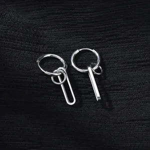 Polished silver metal hoop earrings with asymmetrical U-shape and bar pendants