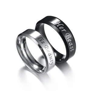 Stainless Steel His Beauty Her Beast Couple Rings Fashion Laser Engraved Band Ring For Men Women Black Steel Color Jewelry Gift