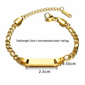 Detailed view of polished gold Figaro chain bracelet with rectangular ID plate and 5cm extender