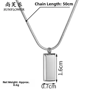 Detailed view of silver stainless steel brick pendant with 50cm snake chain measurements