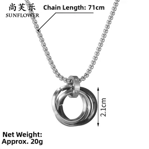 Detail of interlocking three-tone rings pendant with 71cm box chain and 20g weight