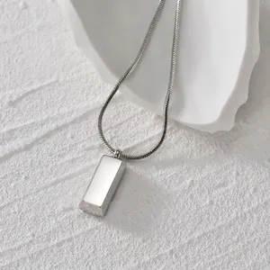 Minimalist silver stainless steel rectangular pendant necklace with a sleek snake chain