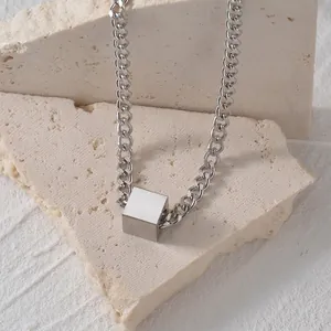 Minimalist silver stainless steel cuban chain necklace with cube pendant for men