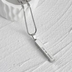 Men's polished stainless steel pillar necklace featuring Live For Yourself engraving