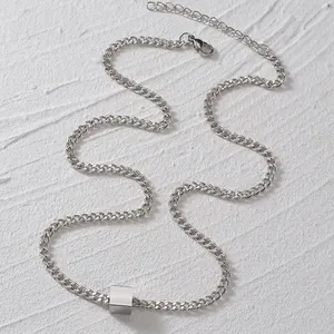 Minimalist silver cube pendant necklace with flat link stainless steel chain for men and women