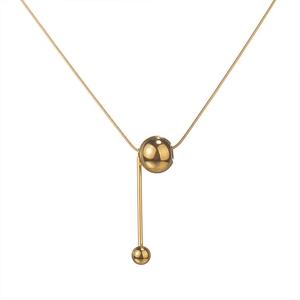 Minimalist gold snake chain necklace featuring a geometric round ball and long bar pendant
