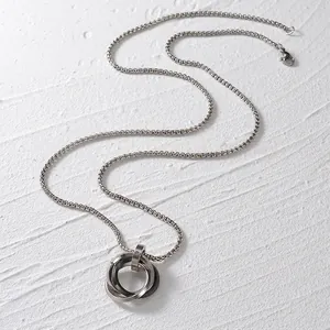 Minimalist stainless steel triple interlocking ring necklace with silver and black finish