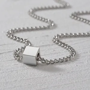Minimalist silver cube pendant necklace with stainless steel curb chain for men and women