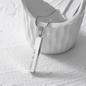 Polished silver cylinder pendant necklace for men featuring Live For Yourself engraving