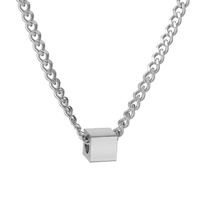 Minimalist silver cube pendant necklace with polished cuban link chain for men and women