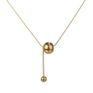 Stainless Steel Geometric Pendant Necklace For Women Simple Snake Bone Chain Round Ball Vertical Rod Tassel Sweater Chain Fashion Commuter Jewelry