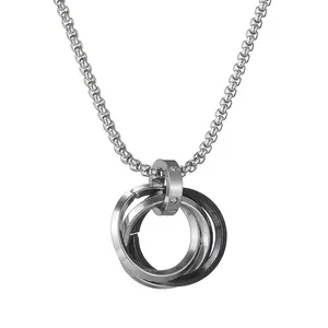 Interlocking Triple Ring Pendant Necklace Stainless Steel Zirconia Inlaid Box Chain Simple Hip Hop Jewelry Unisex Accessory