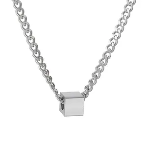 Minimalist Stainless Steel Cube Pendant Necklace Hip Hop Industrial Style Aesthetic Jewelry Unisex Daily Accessory