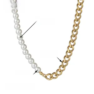 Detail view of pearl and gold chain necklace showing 46+5cm length and 0.7cm width
