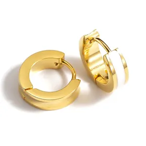 Minimalist Stainless Steel Gold Plated White Enamel Hoop Earrings Geometric Round Huggie Earrings For Women Daily Wear Jewelry