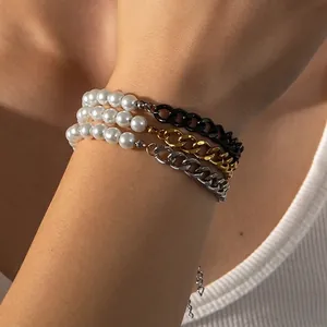 Bracelet multicouche en acier inoxydable avec perles et chaîne cubaine noire, dorée et argentée