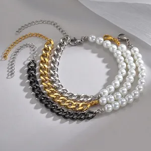 Bracelet chaîne cubaine et perles minimaliste en finitions or, argent et gris anthracite