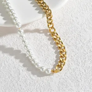 Elegant pearl and gold stainless steel chunky chain necklace for women jewelry