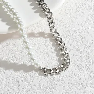 Elegant half pearl and silver stainless steel chain necklace for a modern minimalist look