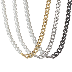 Layered stainless steel pearl necklace with gold, silver and black chains for women