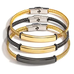 Bracelet Chaîne Tressée en Acier Inoxydable Avec Plaque ID Incurvée Bijou de Style Moderne Simple pour Hommes Et Femmes