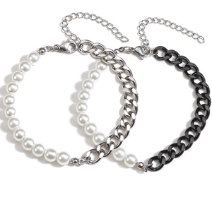 Ensemble de bracelets en perles et chaîne cubaine avec fermoir mousqueton réglable