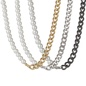 Spliced Artificial Pearl Stainless Steel Necklace Trendy Cuban Chain Gold Silver Black Choker For Women Fashion Jewelry