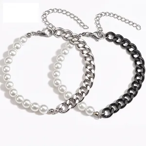Bracelet Chaîne Cubaine en Acier Inoxydable Épissage Künstliche Perle d'Imitation pour Femmes Hommes Bijoux Minimalistes Accessoires de Main