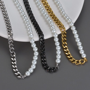Elegant stainless steel pearl splice necklace with golden, silver, and black finish options