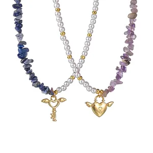 Vintage Edelstahlkette Mit Künstliche Perle Und Natursteinschotter Herzflügel Schlüssel Schloss Anhänger Damen Mode Schmuck