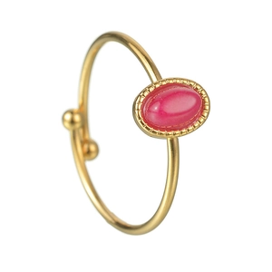 Minimalist gold titanium steel ring with oval ruby gemstone and beaded open band