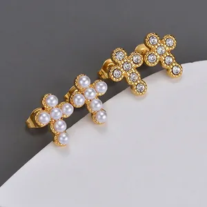 Retro geometric earrings with gold cross design featuring imitation pearls and sparkling zircons