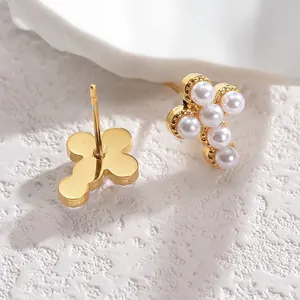 Vintage gold cross earrings with pearls and geometric zircon, elegant retro style