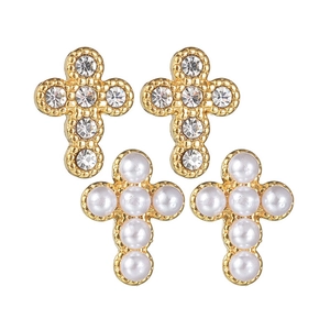 Vintage geometric gold cross earrings with sparkling cubic zirconia and white pearls
