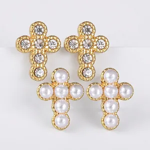 Vintage Gold Plated Stainless Steel Cross Stud Earrings Faux Artificial Pearl Zirconia For Women Elegant Light Luxury Party Jewelry