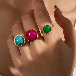 Retro titanium steel open rings set with round green, turquoise, and pink gemstones