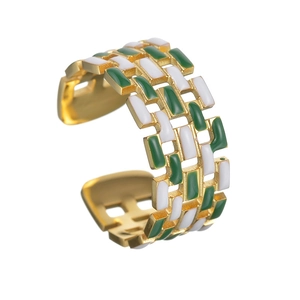 Adjustable gold plated stainless steel ring with green and white mosaic enamel patterns