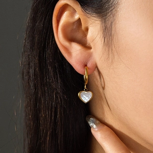 Elegant 18K gold-plated heart drop earrings with white mother-of-pearl inlay for women
