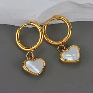 Vintage 18K gold-plated heart drop earrings with white iridescent mother of pearl