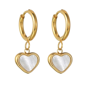 Vintage 18K gold heart drop earrings with white mother of pearl inlay on white background