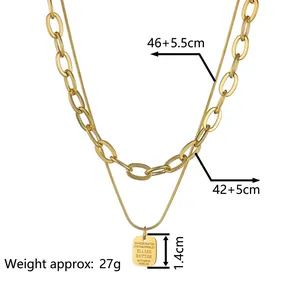 Double-layered golden stainless steel necklace with rectangular handcrafted pendant tag