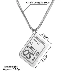 Detail view of silver SD card pendant showing dimensions 3.1cm x 2.3cm and 60cm chain length